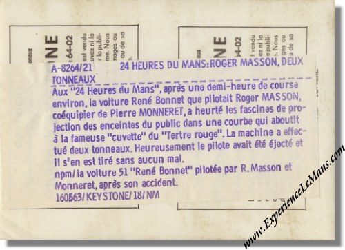 Vintage 1963 Photo of Rene Bonnet Aerodjet LM6 Roger Masson crashed at the 24 Heures du Mans Vintage 1963 Photo of Rene Bonnet Aerodjet LM6 Roger Masson crashed at the 24 Heures du Mans