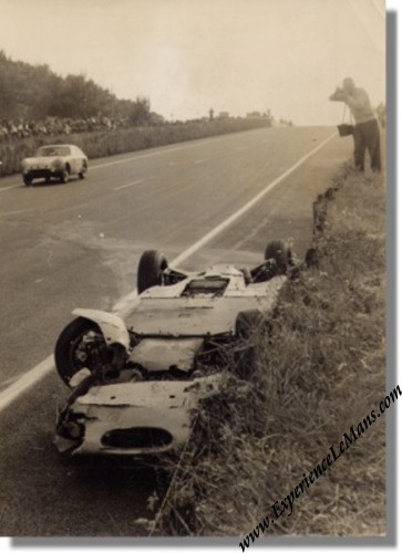 Vintage 1963 Photo of Rene Bonnet Aerodjet LM6 Roger Masson crashed at the 24 Heures du Mans Vintage 1963 Photo of Rene Bonnet Aerodjet LM6 Roger Masson crashed at the 24 Heures du Mans