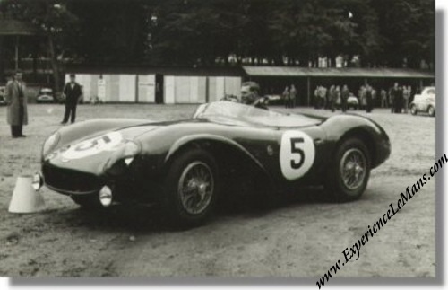 Vintage 1958 photo of Aston Martin DB3S 62EMU at scrutineering at the Le 